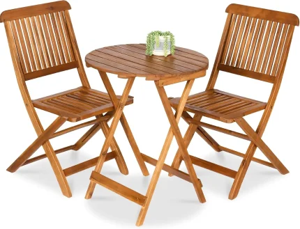 3-Piece Acacia Wood Folding Bistro Set – Teak Finish Patio Chairs & Table for Balcony or Deck