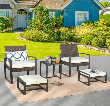Modern 5-Piece Wicker Patio Bistro Set with Ottomans & Side Table – Perfect Outdoor Comfort Zone