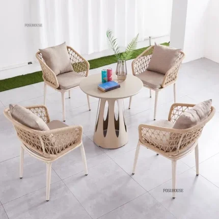 Nordic Designer Garden Set – Aluminum Armchairs and Rattan Table for Elegant Villa or Sunroom Spaces