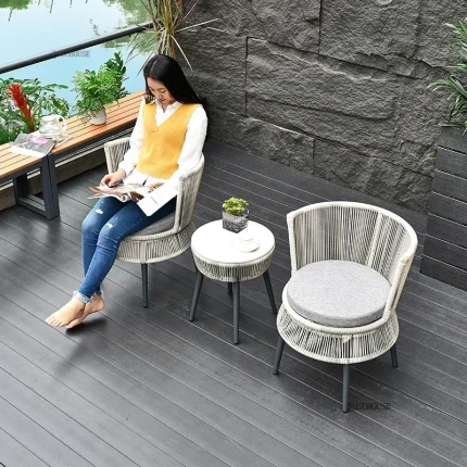 Nordic Rattan Balcony Set – Outdoor Three-Piece Table and Chairs with Sun Protection for Terrace or Garden Leisure