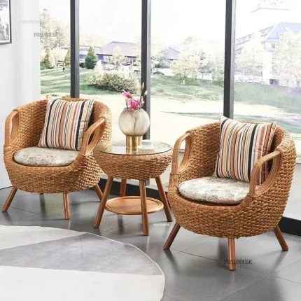 Natural Rattan Outdoor Furniture Set – Backrest Chairs with Small Table for Courtyard, Balcony, or Garden Lounging