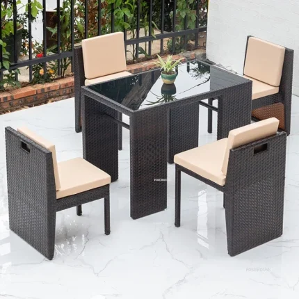 Modern Outdoor Rattan Furniture Set – Garden Patio Table and Chairs for Balcony, Courtyard, or Open-Air Living