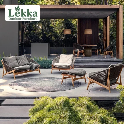 Customized Outdoor Rattan Sofa Set – Teak Garden Lounge with Coffee Table for Terrace, Villa or Courtyard