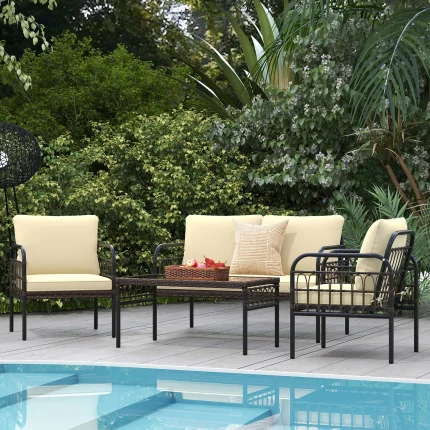 4-Piece Outdoor Patio Wicker Conversation Bistro Set – Comfortable Soft Cushions for Stylish Backyard Seating
