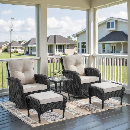 5-Piece Outdoor Swivel Rocker Glider Chair Set with Ottomans & Glass Side Table – Patio Comfort