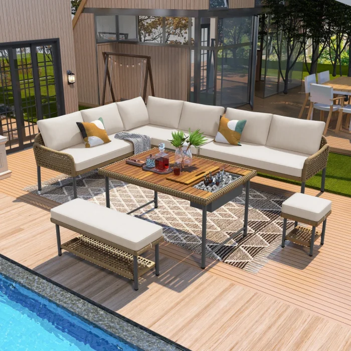 Patio Furniture Set with Coffee Table & Ice Bucket – Rope Benches, Cushioned Chairs & Couch for Backyard - Image 1