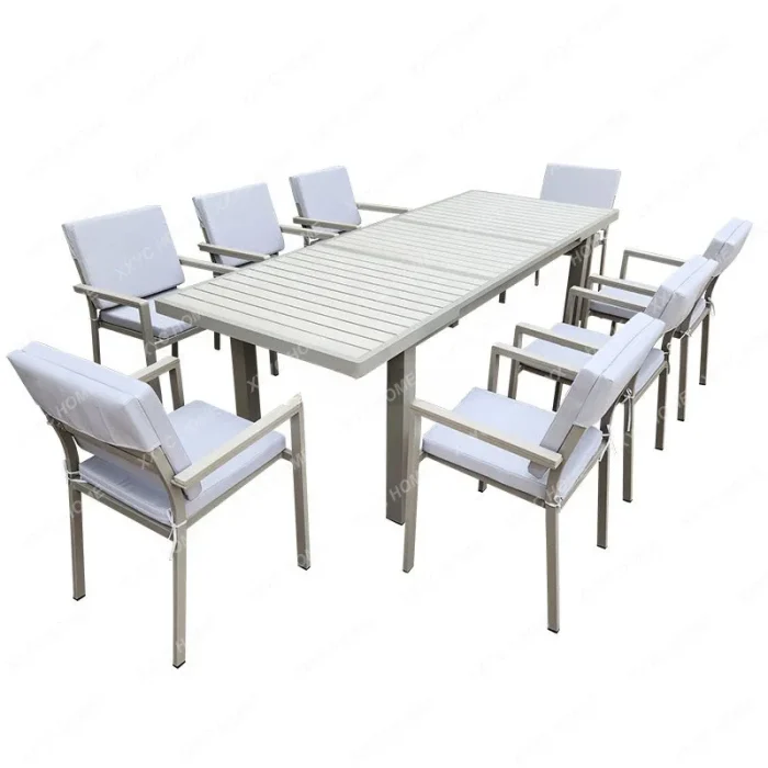 Waterproof Plastic Wood Outdoor Furniture Set – Stretch Table and Chairs for Garden or Balcony with Sunscreen Design - Image 1