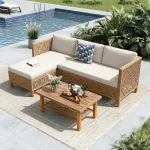 3-Piece Patio Wicker Sectional Sofa Set – Outdoor L-Shaped Couch with Wood Table & 2 Benches