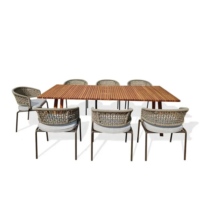 Luxury Outdoor Rope & Wood Dining Set – Aluminum Frame Table and Chairs for Elegant Outdoor Meals - Image 1