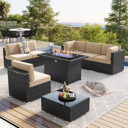8-Piece Outdoor Wicker Furniture Set with 44" Propane Fire Pit Table – Sectional Sofa & Coffee Table