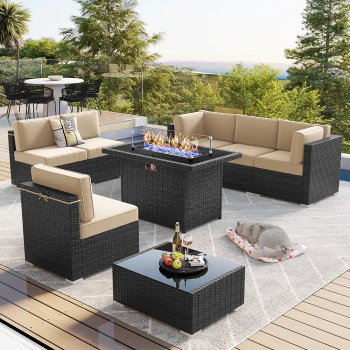 8-Piece Outdoor Wicker Furniture Set with 44" Propane Fire Pit Table – Sectional Sofa & Coffee Table - Image 1