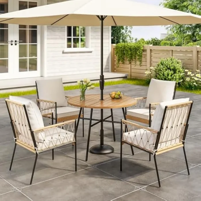 5-Piece Outdoor Patio Dining Set – PE Rattan Wicker Table and Chairs with Cushions & Umbrella Hole - Image 1