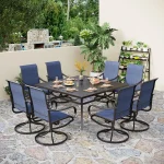 9-Piece Outdoor Patio Dining Set – Large Square Metal Table with 8 Blue Swivel Dining Chairs