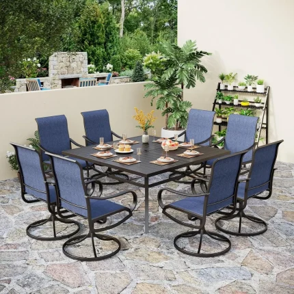 9-Piece Outdoor Patio Dining Set – Large Square Metal Table with 8 Blue Swivel Dining Chairs