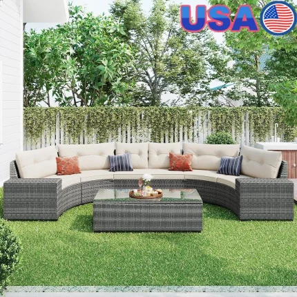 8-Piece Wicker Patio Sofa Set ā Curved, Water-Resistant, UV Protected, Cushions, Coffee Table, Easy Clean