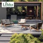 Customized Outdoor Rattan Sofa Set with Teak Coffee Table – Waterproof Terrace Garden Furniture for Courtyard Villas