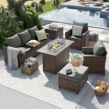 6-Piece Outdoor Patio Furniture Set with 44" Fire Pit Table – Sectional Conversation Set for Backyard Deck