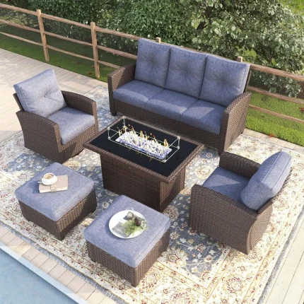 6-Piece Patio Furniture Set with Fire Pit Table – Wicker Swivel Rocking Chairs, Glider, Outdoor Sofa