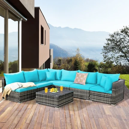 7-Piece Rattan Patio Furniture Set – Outdoor Sectional Sofa with Turquoise Cushions for Garden or Deck