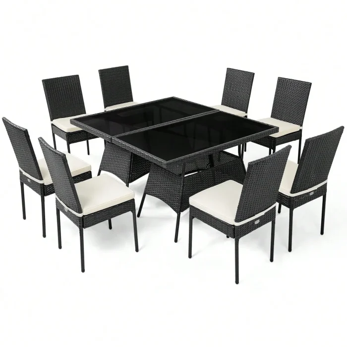 10-Piece Rattan Patio Dining Set – Cushioned Chairs & Glass-Top Table Outdoor Garden Furniture for Entertaining - Image 1