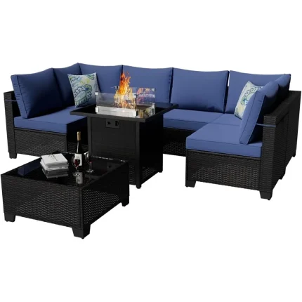8-Piece Outdoor Rattan Patio Furniture Set with Fire Pit Table – Wicker Sofa for Backyard Comfort