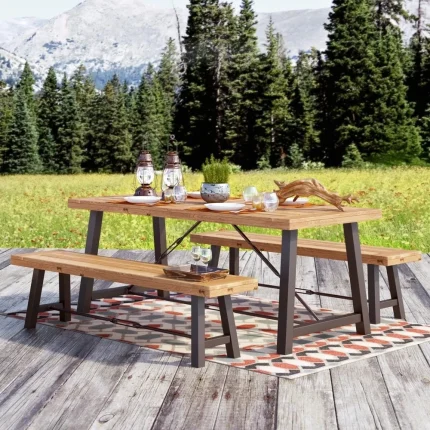 3-Piece Wood Outdoor Furniture Set with Two Benches and Table – Patio Garden Seating Solution