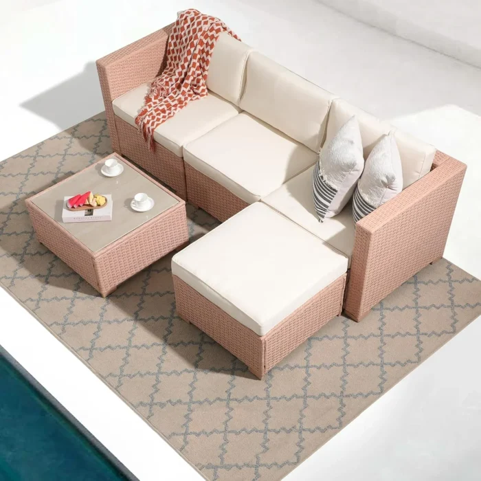 5-Piece Creamy White PE Wicker Outdoor Patio Furniture Set with Cushions – Balcony, Garden, or Patio - Image 1