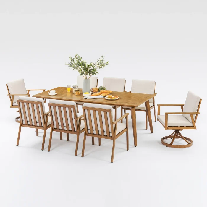 Sleek 9-Piece Outdoor Patio Furniture Set with Aluminum Dining Table & Swivel Chairs for Deck, Teak - Image 1