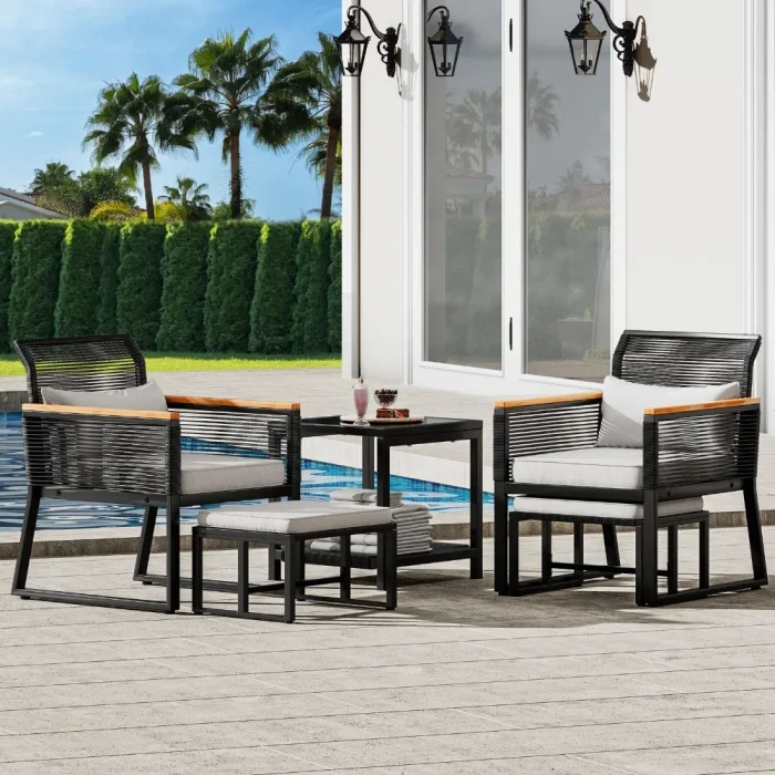 5-Piece Outdoor Patio Bistro Set – Rattan Wicker Chairs with Footrests for Garden or Balcony Lounge - Image 1