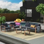 4-Piece Outdoor Modern Furniture Set – 5-Person Conversation Sofa with Faux Wood Frame and Olefin Cushions