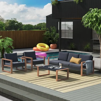 4-Piece Outdoor Modern Furniture Set – 5-Person Conversation Sofa with Faux Wood Frame and Olefin Cushions