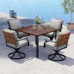 5-Piece Outdoor Dining Set – 4 Wicker Swivel Chairs with Leather Look & Square Woodgrain Patio Table