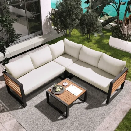 4-Piece Outdoor Patio Conversation Set – L-Shaped Sofa with Cushions, Metal & Wood Frame, Coffee Table