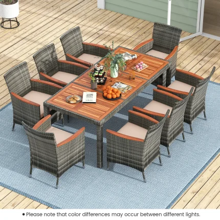 9-Piece Patio Rattan Dining Set – Cushioned Chairs & Acacia Wood Table, Weather-Resistant in Mix Gray