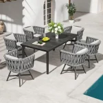 7-Piece Outdoor Dining Set – Patio Furniture with 6 Swivel Rope Wicker Chairs and Rectangular Woodgrain Table