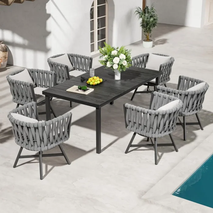 7-Piece Outdoor Dining Set – Patio Furniture with 6 Swivel Rope Wicker Chairs and Rectangular Woodgrain Table - Image 1