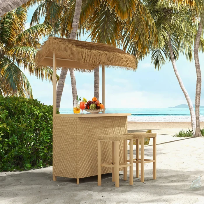 3-Piece Outdoor Tiki Bar Set with Ceramic Top – Wicker Bar and Stools with Garden Storage - Image 1