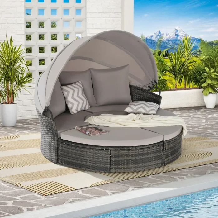 5-Piece Outdoor Wicker Round Daybed Set with Retractable Canopy, Cushions & Hidden Storable Table – Patio Furniture - Image 1