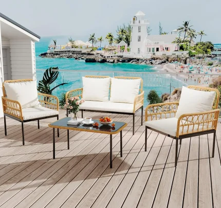 Boho 4-Piece Wicker Patio Furniture Set – Rattan Loveseat, Chairs & Glass Table Outdoor Lounge