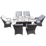 6-Seat Patio Fire Pit Dining Set – Rectangular Aluminum Table with Rattan Chairs by Direct Wicker