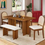 Modern 6-Piece Dining Set with Double Pedestal Table, Rattan Chairs & Bench