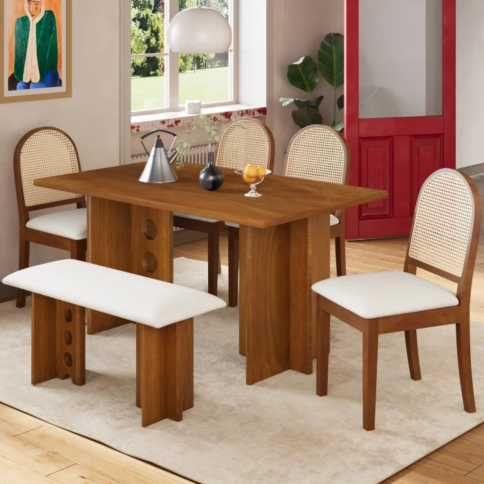 Modern 6-Piece Dining Set with Double Pedestal Table, Rattan Chairs & Bench - Image 1