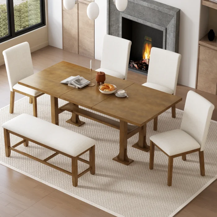 76" Farmhouse 6-Piece Extendable Dining Table Set with Removable Leaf and Upholstered Trestle Chairs - Image 1