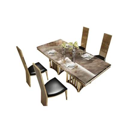MANBAS Luxury Marble Dining Table Set with 4 Gold Stainless Steel Chairs and Seashell Accents