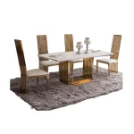 MANBAS Luxury Marble Dining Table Set with High-Back Gold Metal Chairs – Elegant Modern Kitchen Furniture