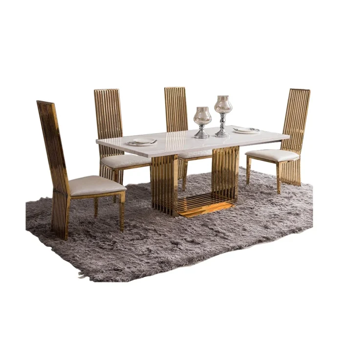 MANBAS Luxury Marble Dining Table Set with High-Back Gold Metal Chairs – Elegant Modern Kitchen Furniture - Image 1