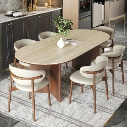 French Style Solid Wood Round Marble Dining Table Set with 8 Chairs – Elegant Dining Room Furniture