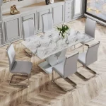 6-Person Modern Dining Set – Faux Marble Table with PU Leather Chairs, Elegant Seating for Kitchen or Dining Room