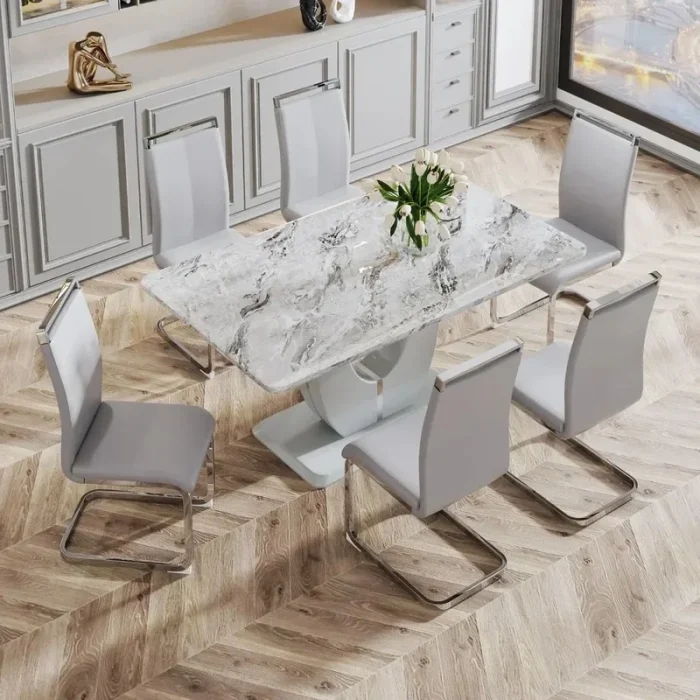 6-Person Modern Dining Set – Faux Marble Table with PU Leather Chairs, Elegant Seating for Kitchen or Dining Room - Image 1