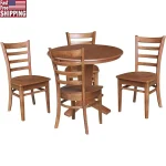 36-Inch Solid Wood Round Dining Table Set with Leaf, 4 Chairs, Distressed Oak Finish, Pedestal Base
